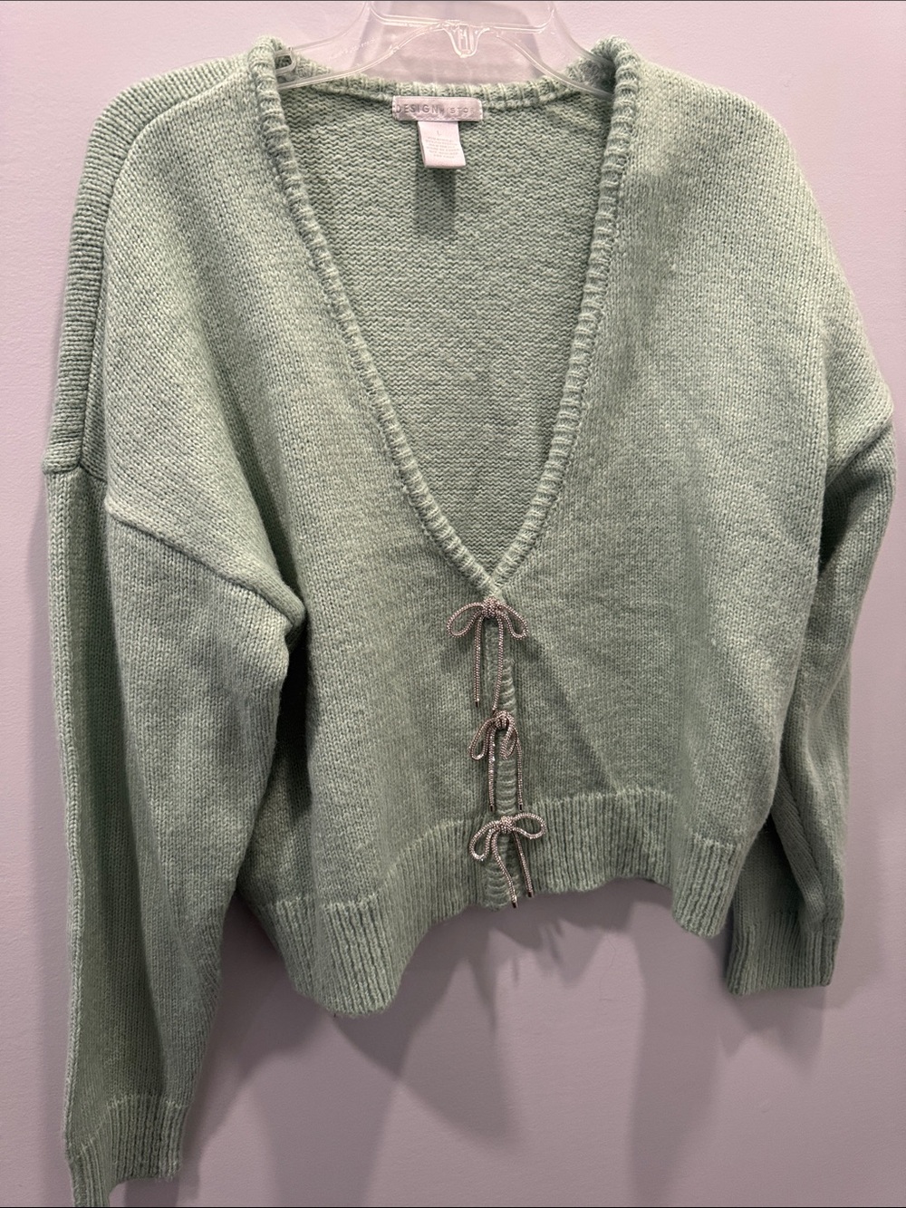 Design history V-Neck rhinestone bow Sweater - Mint Green